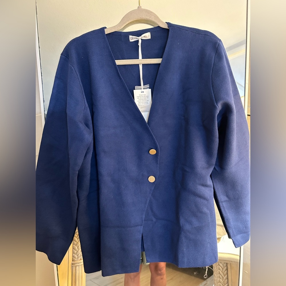 NEW Grace Karin Blue Classic Career Sweater Cardigan Gold buttons XL